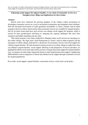 Enhancing Social Support for Migrant Families: A Case Study of Community Services in a Shanghai Urban Village and Implications for Intervention thumbnail