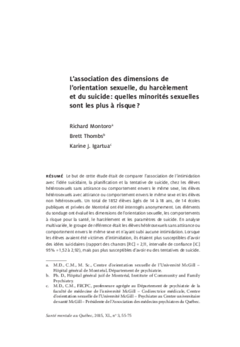 L’association des dimensions de l’orientation sexuelle, du harcèlement et du suicide : quelles minorités sexuelles sont les plus à risque ? thumbnail