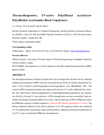 Thermo-Responsive, UV-active Poly(Phenyl Acrylate)-b-Poly(Diethyl Acrylamide) Block Copolymers thumbnail