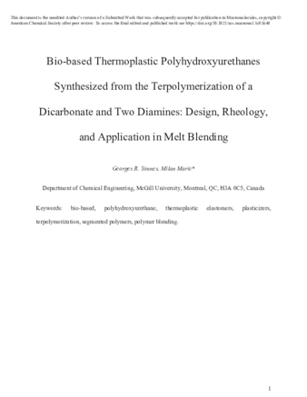 Bio-based Thermoplastic Polyhydroxyurethanes Synthesized from the Terpolymerization of a Dicarbonate and Two Diamines: Design, Rheology, and Application in Melt Blending thumbnail