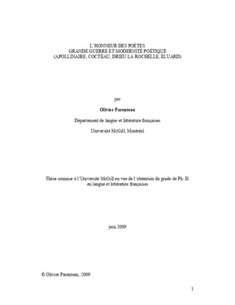 L'honneur des poètes. Grande guerre et modernité poétique (Apollinaire, Cocteau, Drieu La Rochelle, Éluard) thumbnail