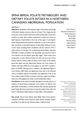 Spina bifida, folate metabolism, and dietary folate intake in a Northern Canadian aboriginal population thumbnail