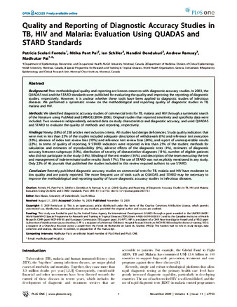 Quality and Reporting of Diagnostic Accuracy Studies in TB, HIV and Malaria: Evaluation Using QUADAS and STARD Standards. thumbnail