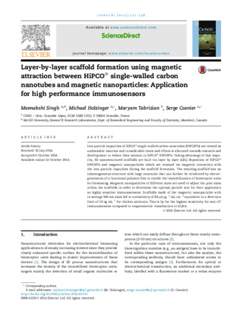 Layer-by-layer scaffold formation using magnetic attraction between HiPCO® single-walled carbon nanotubes and magnetic nanoparticles: Application for high performance immunosensors thumbnail