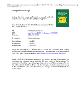 Linking the Bitter Springs carbon isotope anomaly and early Neoproterozoic oxygenation through I/[Ca + Mg] ratios thumbnail