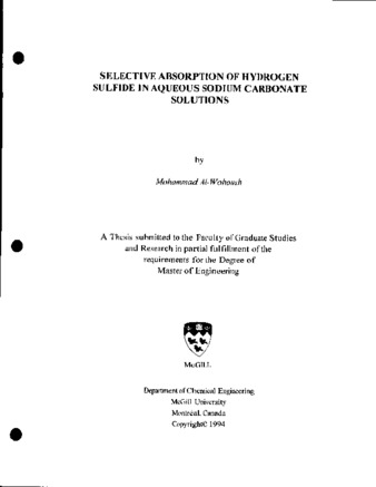 Selective absorption of hydrogen sulfide in aqueous sodium carbonate solutions thumbnail