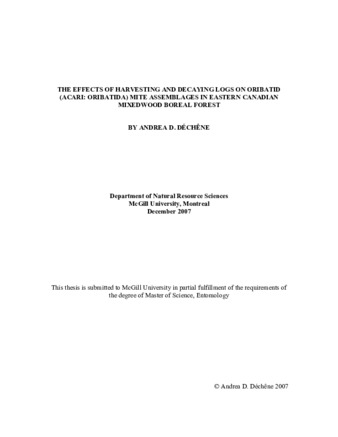 The effects of harvesting and decaying logs on oribatid (acari: oribatida) mite assemblages in eastern Canadian mixedwood boreal forest thumbnail