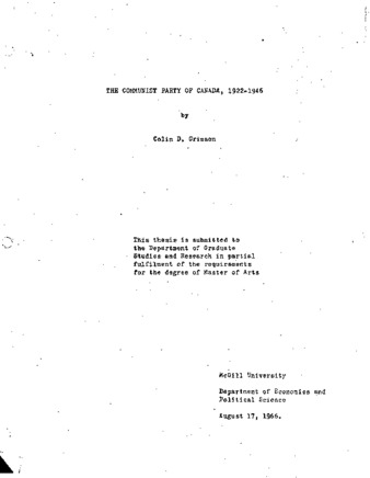 The Communist Party of Canada, 1922-1946. thumbnail