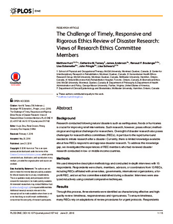 The Challenge of Timely, Responsive and Rigorous Ethics Review of Disaster Research: Views of Research Ethics Committee Members thumbnail