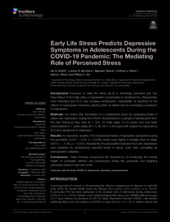 Early Life Stress Predicts Depressive Symptoms in Adolescents During the COVID-19 Pandemic: The Mediating Role of Perceived Stress thumbnail