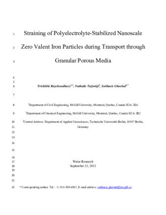 Straining of polyelectrolyte-stabilized nanoscale zero valent iron particles during transport through granular porous media thumbnail