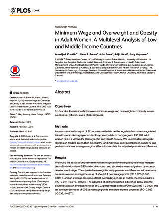 Minimum Wage and Overweight and Obesity in Adult Women: A Multilevel Analysis of Low and Middle Income Countries thumbnail