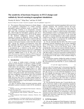 The sensitivity of hurricane frequency to ITCZ changes and radiatively forced warming in aquaplanet simulations thumbnail