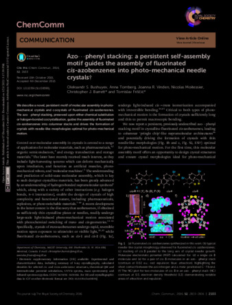 Azo⋯phenyl stacking: a persistent self-assembly motif guides the assembly of fluorinated cis-azobenzenes into photo-mechanical needle crystals thumbnail