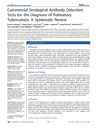 Commercial Serological Antibody Detection Tests for the Diagnosis of Pulmonary Tuberculosis: A Systematic Review thumbnail