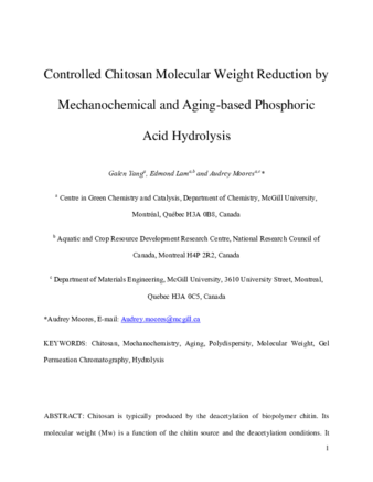 Controlled Chitosan Molecular Weight Reduction by Mechanochemical and Aging-Based Phosphoric Acid Hydrolysis thumbnail