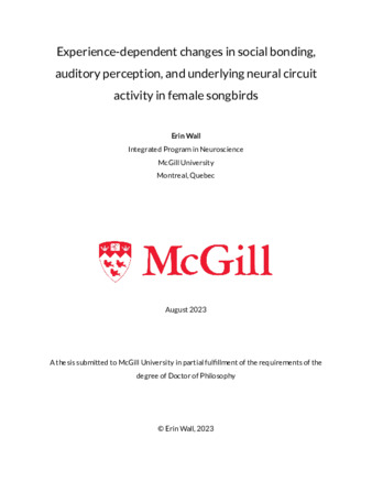 Experience-dependent changes in social bonding, auditory perception, and underlying neural activity in female songbirds thumbnail