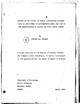 Aspects of the biology of mirids (Heteroptera: Miridae) found on apple trees in southwestern Quebec and aids to the identification of adults and fifth instar nymphs. thumbnail