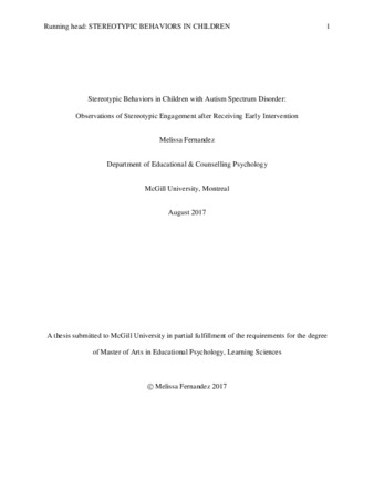 Stereotypic behaviors in children with Autism Spectrum Disorder: Observations of stereotypic engagement after receiving early intervention thumbnail