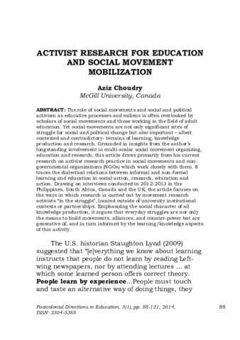 Activist research for education and social movement mobilisation thumbnail