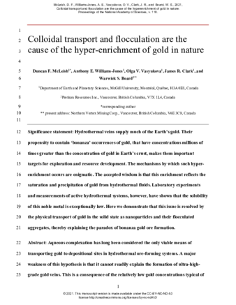 Colloidal transport and flocculation are the cause of the hyperenrichment of gold in nature thumbnail