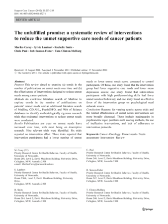The unfulfilled promise: a systematic review of interventions to reduce the unmet supportive care needs of cancer patients thumbnail