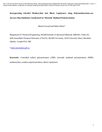 Incorporating Glycidyl Methacrylate into Block Copolymers using Poly(methacrylate-ran-styrene) Macroinitiators Synthesized by Nitroxide Mediated Polymerization thumbnail