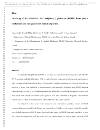 Leaching of the plasticizer di(2-ethylhexyl)phthalate (DEHP) from plastic containers and the question of human exposure thumbnail