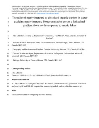 Ratio of Methylmercury to Dissolved Organic Carbon in Water Explains Methylmercury Bioaccumulation Across a Latitudinal Gradient from North-Temperate to Arctic Lakes thumbnail