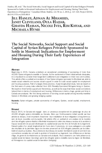 The Social Networks, Social Support and Social Capital of Syrian Refugees Privately Sponsored to Settle in Montreal: Indications for Employment and Housing During Their Early Experiences of Integration thumbnail