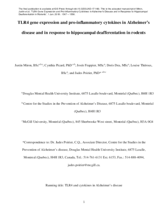 TLR4 Gene Expression and Pro-Inflammatory Cytokines in Alzheimer’s Disease and in Response to Hippocampal Deafferentation in Rodents thumbnail