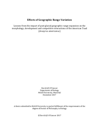 Effects of geographic range variation: Lessons from the post-glacial geographic range expansion on the morphology, development and competitive interactions of the American toad (Anaxyrus americanus) thumbnail