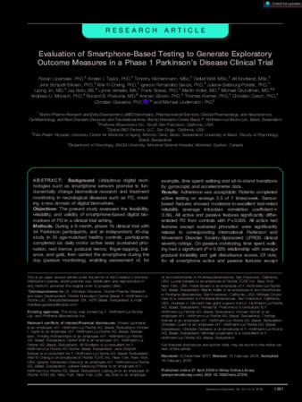 Evaluation of smartphone-based testing to generate exploratory outcome measures in a phase 1 Parkinson's disease clinical trial thumbnail