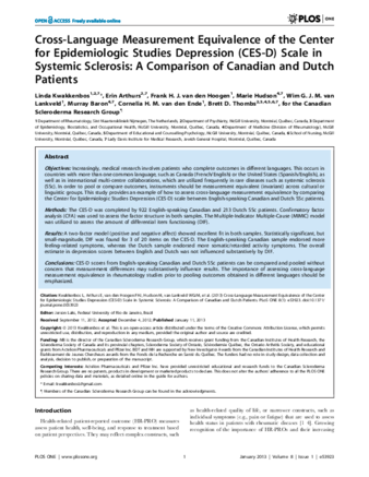 Cross-Language Measurement Equivalence of the Center for Epidemiologic Studies Depression (CES-D) Scale in Systemic Sclerosis: A Comparison of Canadian and Dutch Patients thumbnail