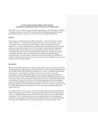 Housing, Land and Property Rights as War-Financing Commodities: A Typology with Lessons from Darfur, Colombia and Syria thumbnail
