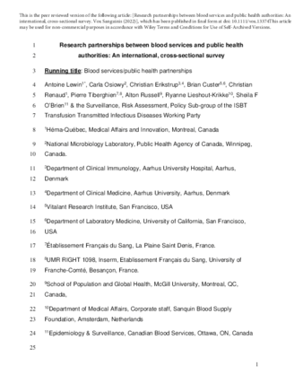 Research partnerships between blood services and public health authorities: An international, cross-sectional survey thumbnail