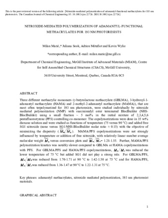 Nitroxide-mediated polymerization of adamantyl-functional methacrylates for 193 nm photoresists thumbnail