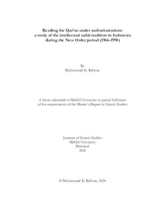 Reading the Quran under authoritarianism: a study of the intellectual tafsīr tradition in Indonesia during the New Order period (1966-1998) thumbnail