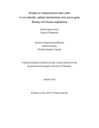 Studies on mesenchymal stem cells: In vivo identity, cellular biochemistry and use in gene therapy and tissue engineering thumbnail