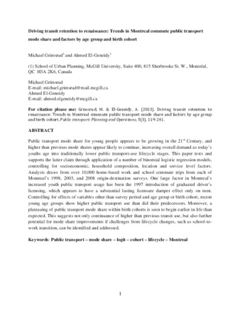 Driving transit retention to renaissance: Trends in Montreal commute public transport mode share and factors by age group and birth cohort thumbnail