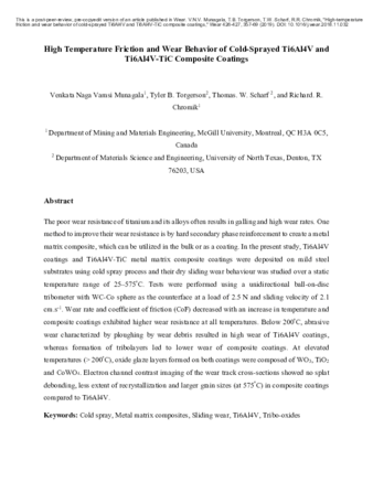 High temperature friction and wear behavior of cold-sprayed Ti6Al4V and Ti6Al4V-TiC composite coatings thumbnail