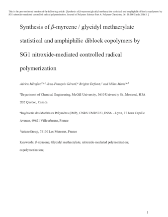 Synthesis of β-myrcene/glycidyl methacrylate statistical and amphiphilic diblock copolymers by SG1 nitroxide-mediated controlled radical polymerization thumbnail