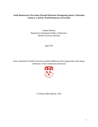 Youth homelessness prevention through education: reimagining Quebec’s education system as a tool for youth homelessness prevention thumbnail