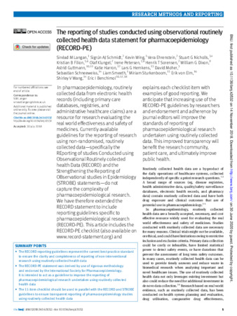 The Reporting of studies Conducted using Observational Routinely-collected health Data (RECORD) Statement for Pharmacoepidemiology (RECORD-PE) thumbnail