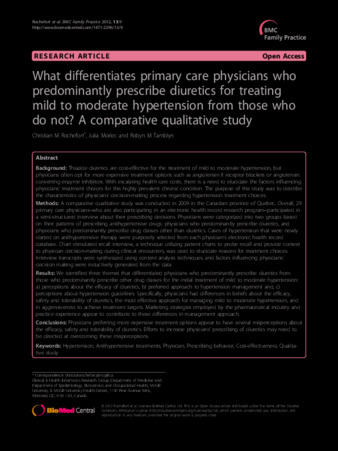 What differentiates primary care physicians who predominantly prescribe diuretics for treating mild to moderate hypertension from those who do not? A comparative qualitative study thumbnail