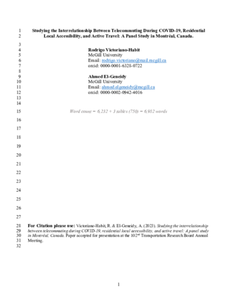 Studying the Interrelationship Between Telecommuting During COVID-19, Residential Local Accessibility, and Active Travel: A Panel Study in Montréal, Canada. thumbnail