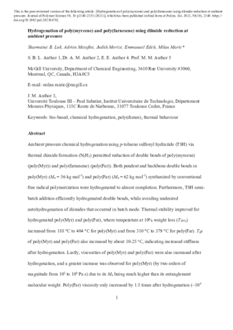 Hydrogenation of poly(myrcene) and poly(farnesene) using diimide reduction at ambient pressure thumbnail