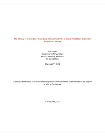 The efficacy of intermittent theta burst stimulation (iTBS) in motor learning and neural facilitation thumbnail