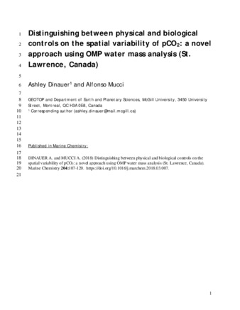 Distinguishing between physical and biological controls on the spatial variability of pCO2: A novel approach using OMP water mass analysis (St. Lawrence, Canada) thumbnail