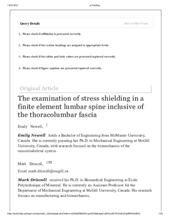 The examination of stress shielding in a finite element lumbar spine inclusive of the thoracolumbar fascia thumbnail